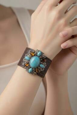 Andara Faux Croc Leather Statement Cuff Bracelet with Turquoise and Tiger's Eye